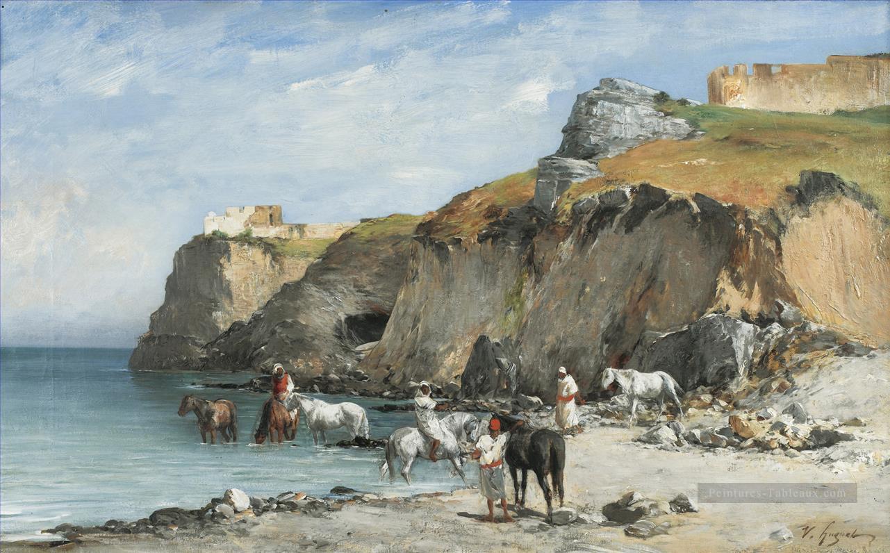 L’arrêt des cavaliers sur la plage Victor Huguet orientaliste Peintures à l'huile